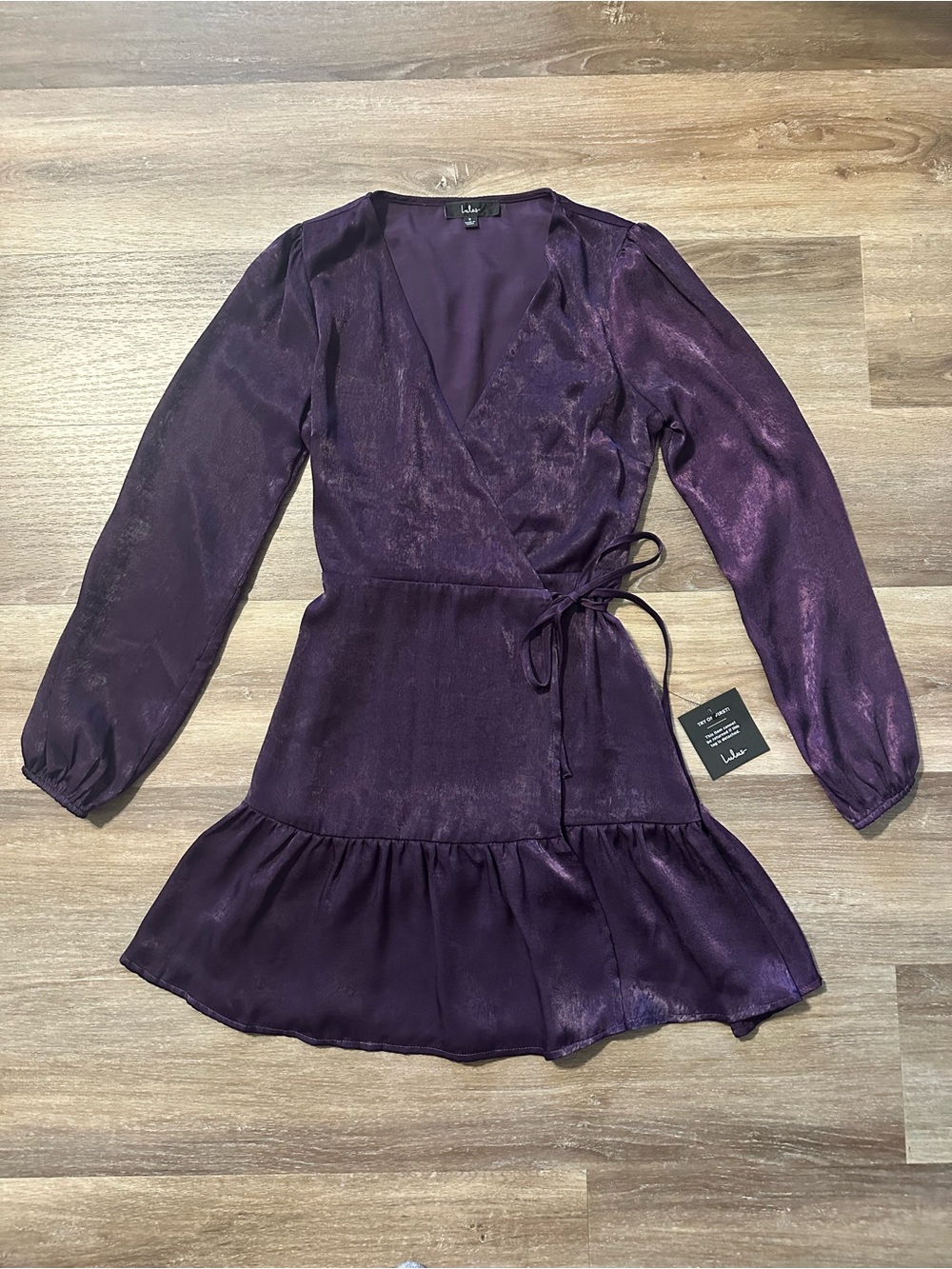 Lulus Satin Long‑Sleeve Wrap Dress – Purple – Size Small – NWT